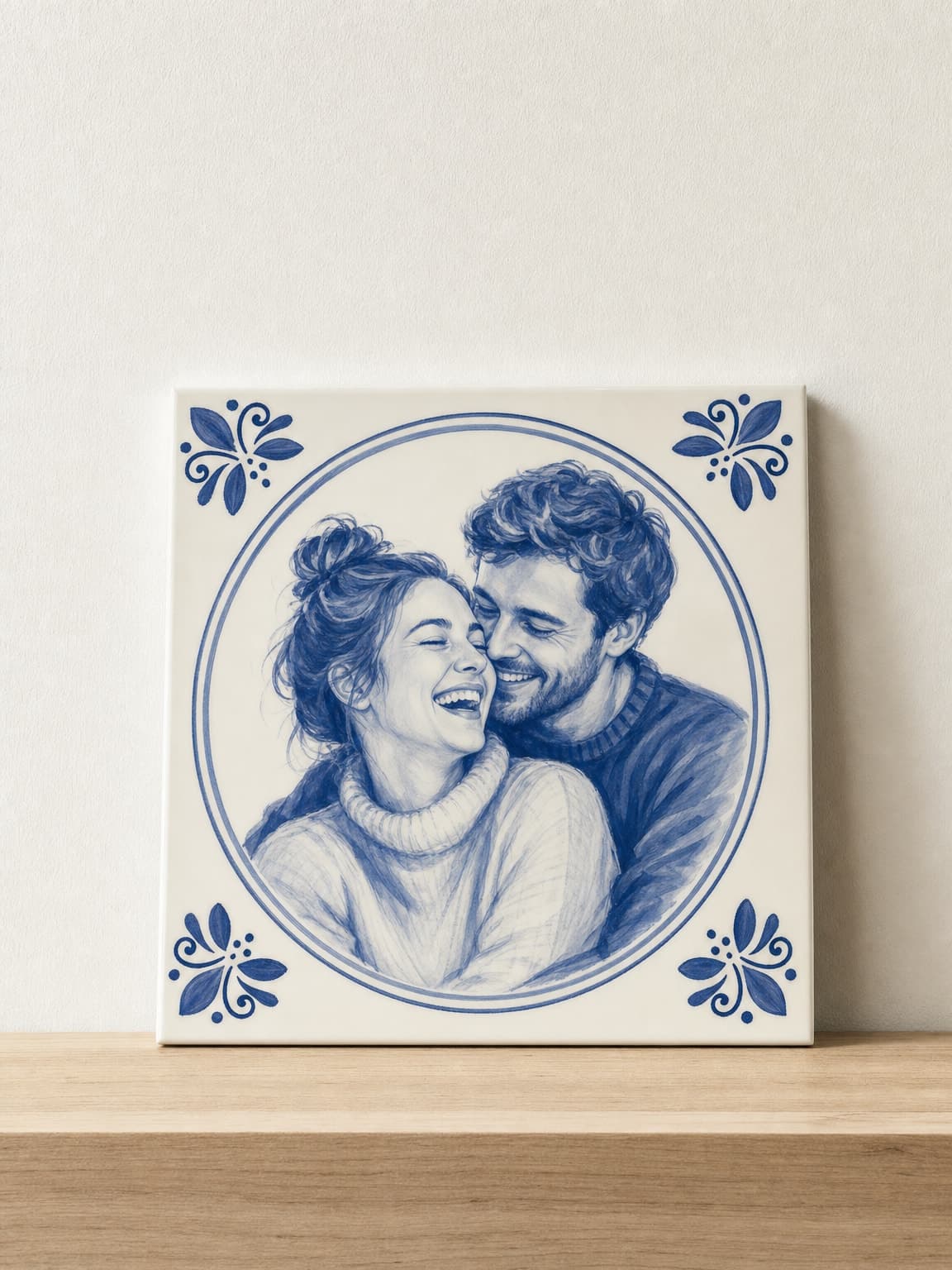 Azulejo con foto — tu foto pintada en azul de Delft sobre cerámica